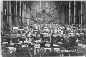 The sleeping quarters in the Great Hall at Alexandra Palace internment camp